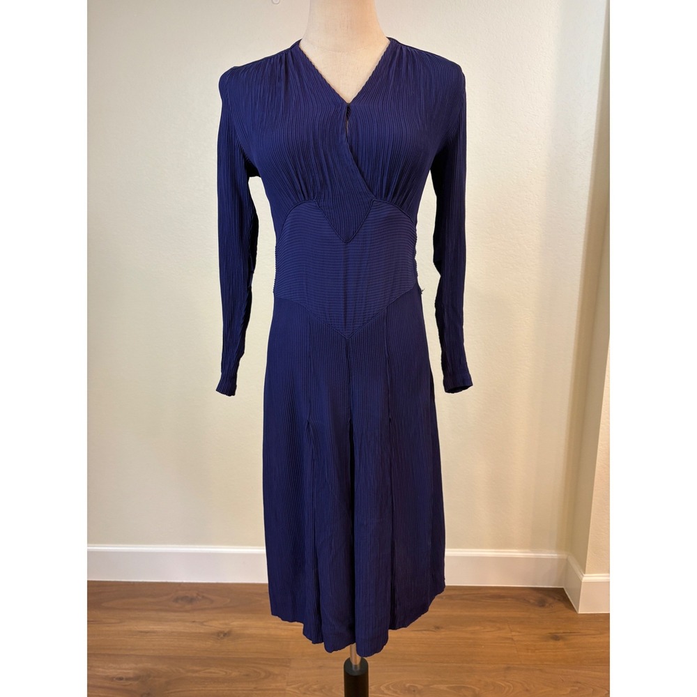 Vtg 40s Crepe Dress S Navy Blue Textured Side Snap hollywood glamour film noir
